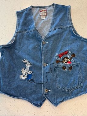 L Vintage Looney Tunes Denim Vest Bugs Bunny Taz Cartoon Vest Large Retro Y2K 90